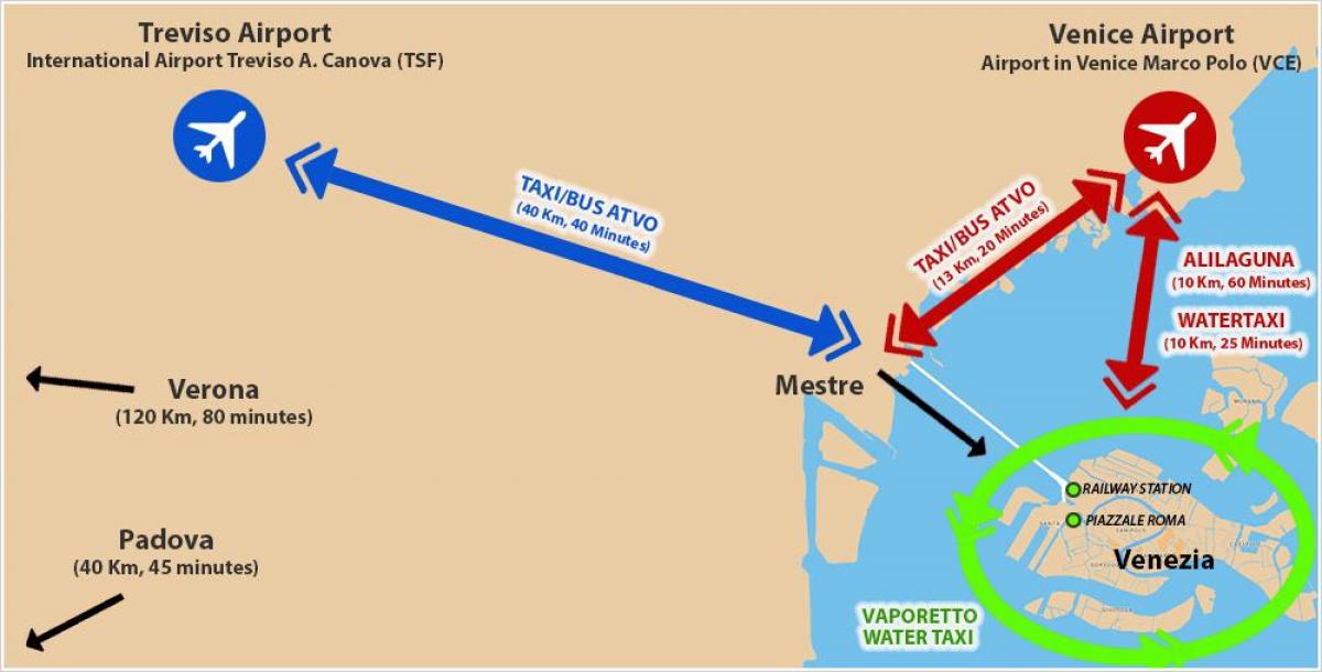 خريطة البندقية المطار ومحطة القطار